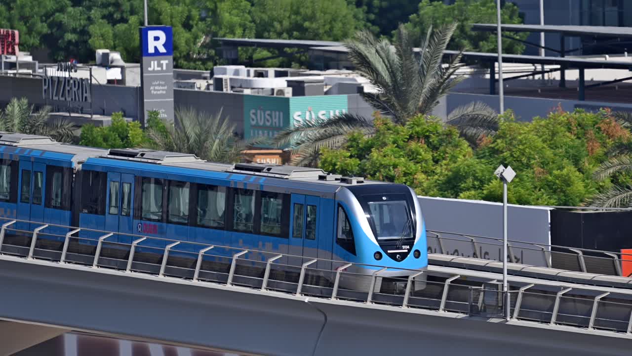 Dubai Tram Running on Elevated Tracks in JLT