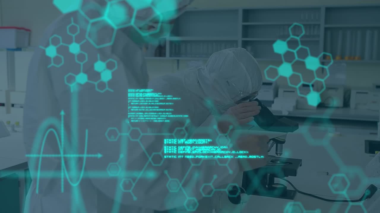 Animation of molecules and data processing over diverse scientists in lab