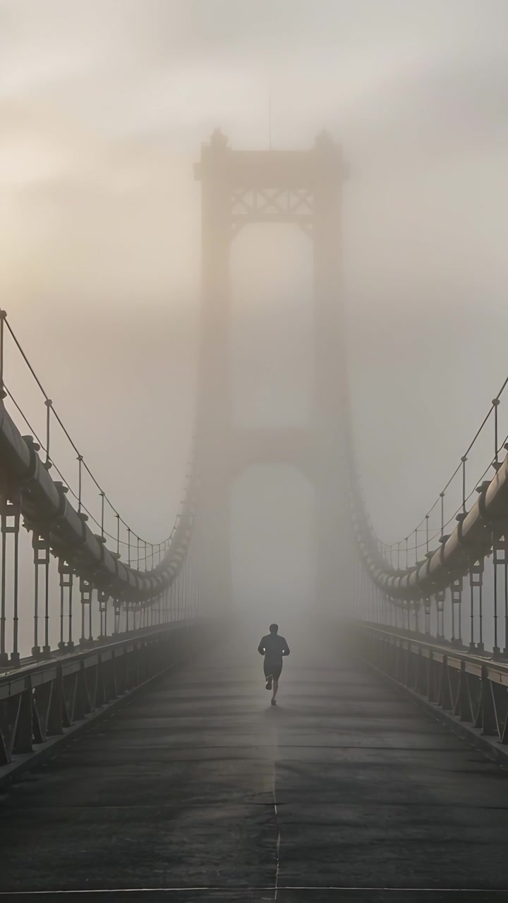 Video vertical: Hombre corriendo con equipo oscuro comenzando una carrera al amanecer a lo largo de un puente colgante hacia una torre en la niebla.