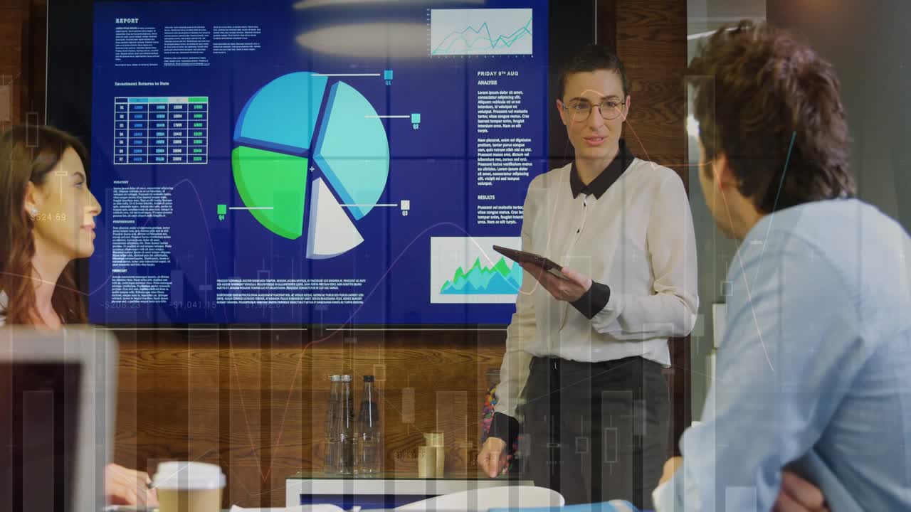 Discussing data, diverse professionals in business meeting with charts and graphs animation