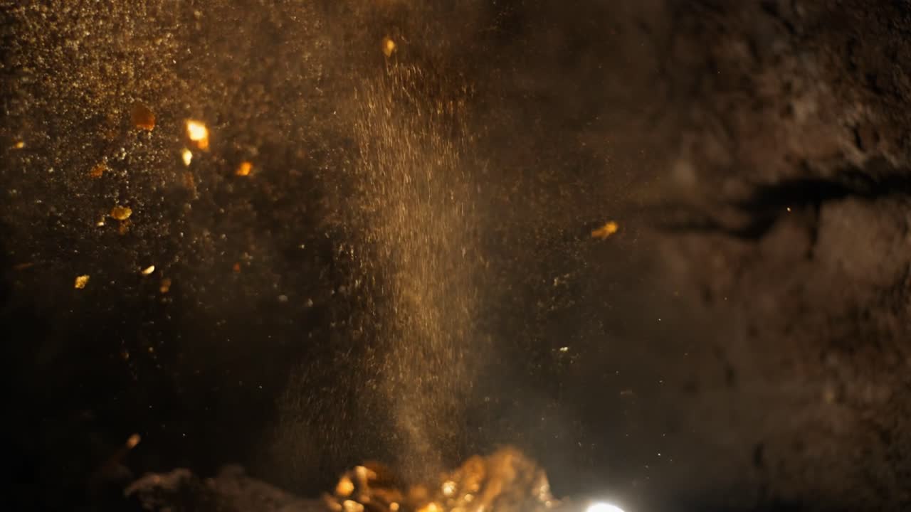 Partículas de polvo doradas cayendo en una cueva oscura iluminada por un haz de luz