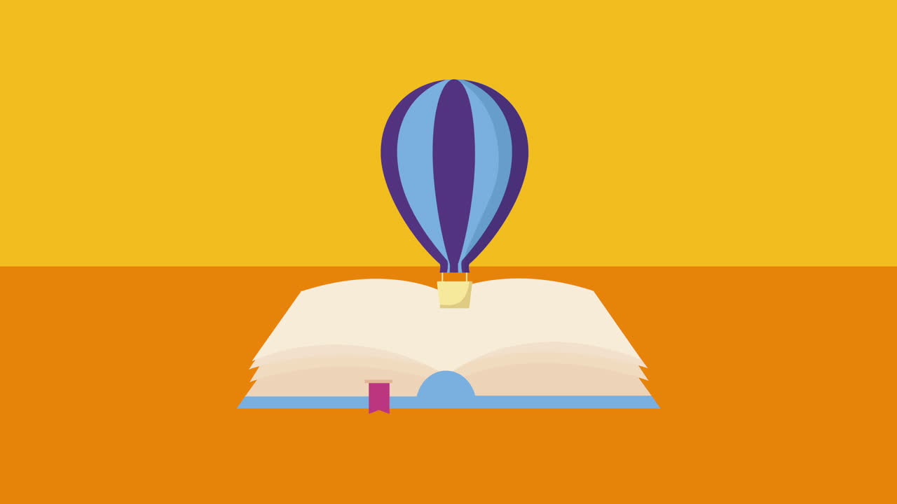 libro de texto con globo de aire caliente volando