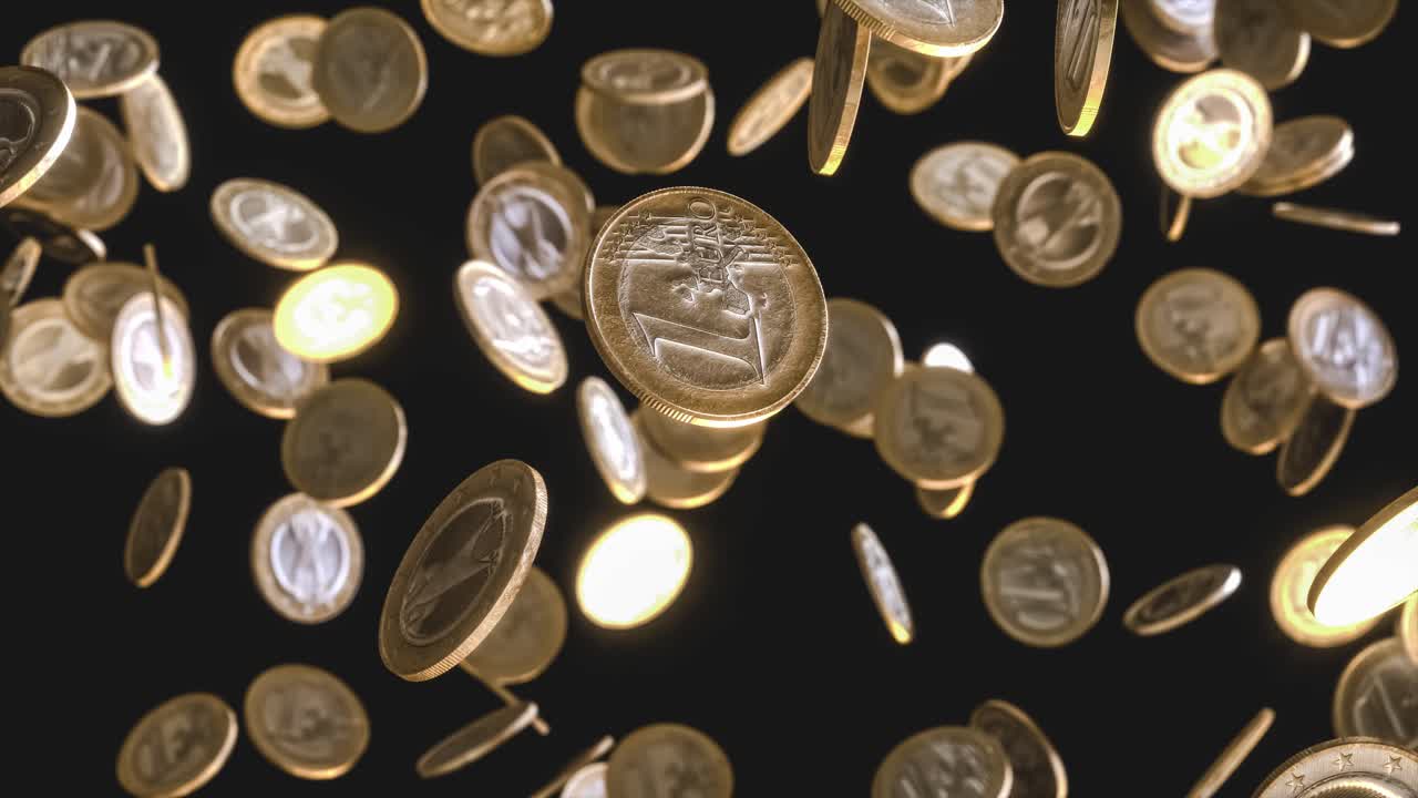 Video Animation. Slow motion of euro coins falling on an isolated black background.