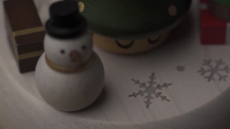 closeup of a snowman and angel rotating on a christmas carousel, children's toy