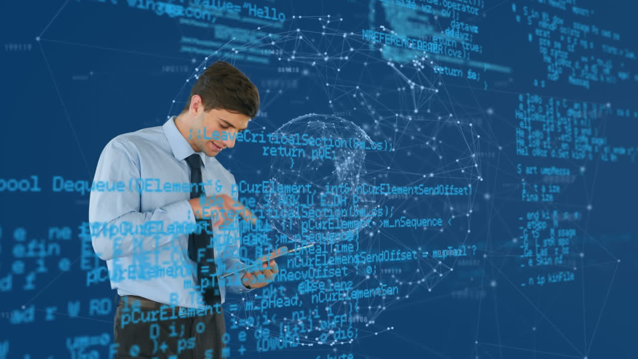 터치 스크린 태블릿과 디지털 구를 사용하는 사업가