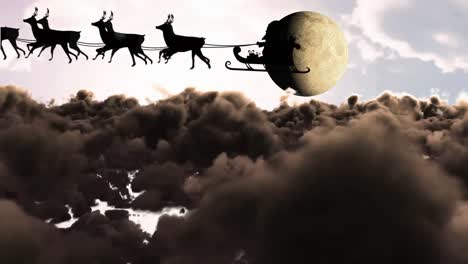 Animation-of-santa-claus-in-sleigh-with-reindeer-over-clouds-and-moon