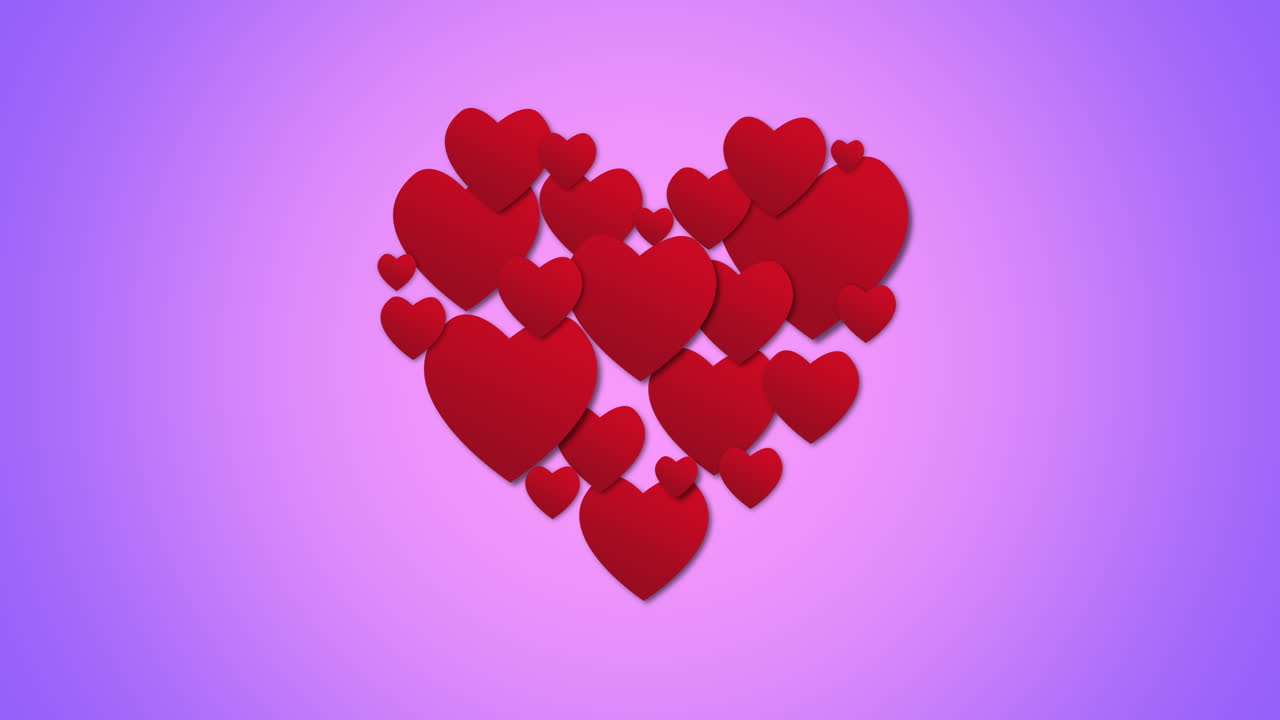 primer plano animado corazones rojos románticos sobre fondo púrpura del día de san valentín