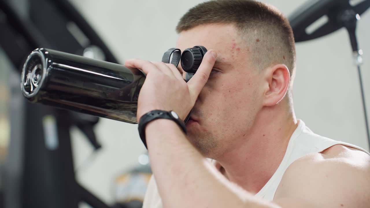 Close up of gym enthusiast drinking water with relaxed face after intense session, gripping bottle firmly while seated on bench, recovering strength and rehydrating under indoor gym lighting