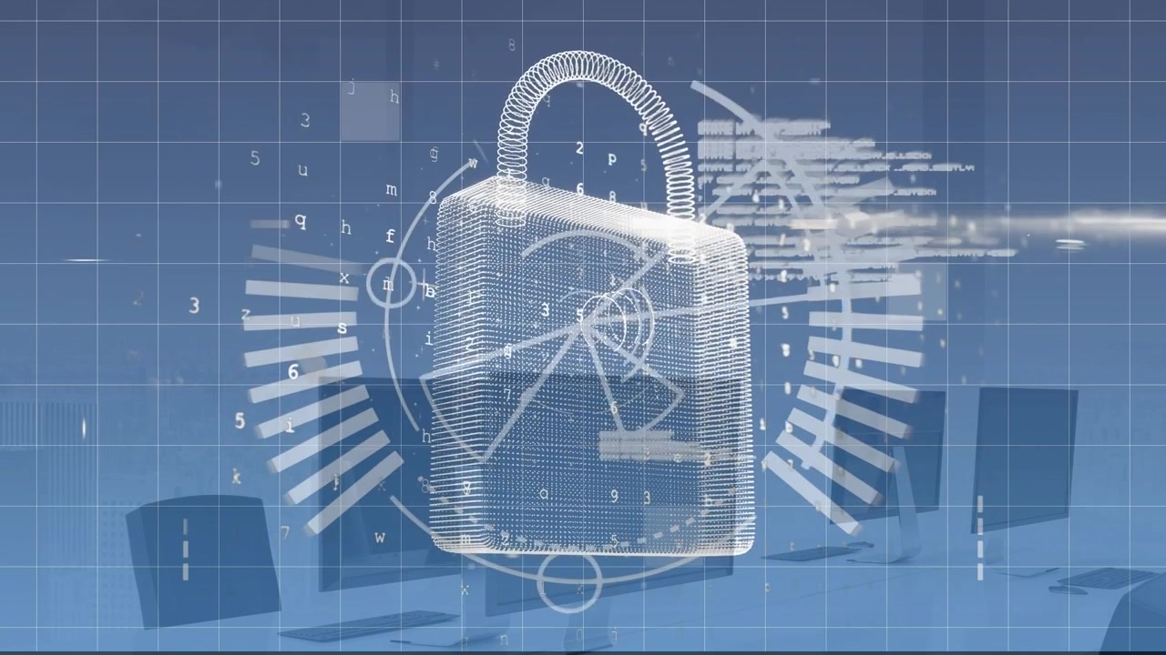 Digital Security Concept with Wireframe Padlock and Data Visualization