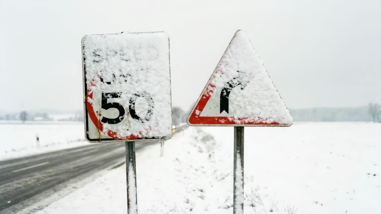 Schneebedeckte Verkehrsschilder für Geschwindigkeitsbegrenzung und Kurve im Winter