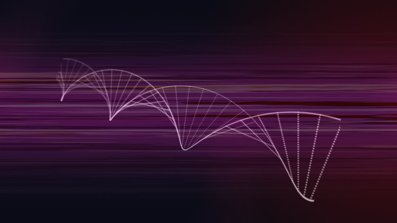 Digital animation of dna structure spinning against light trails on purple background