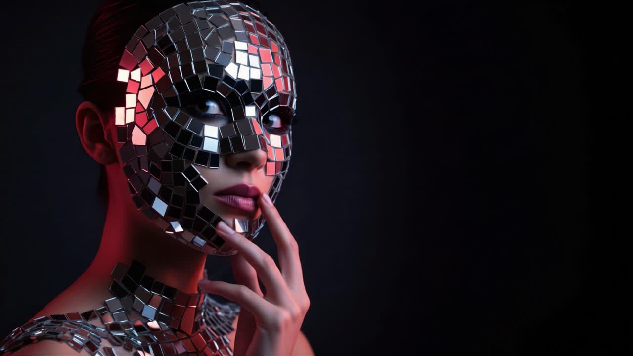 A captivating artistic representation of a figure adorned with a reflective mosaic mask, blending mystery and intrigue through the interplay of light and shadow