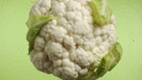 slow motion of cauliflower falling into water surface on green background