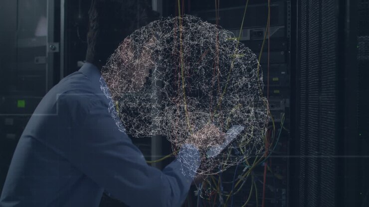 Animation of digital brain over asian man in server room