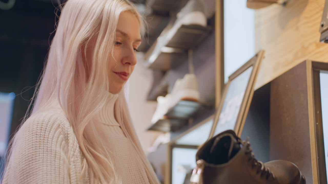 Calm focused fashion shopper with platinum hair holds Chelsea boot, studying leather craftsmanship and sole grip under boutique lighting while considering winter purchase inside mall environment