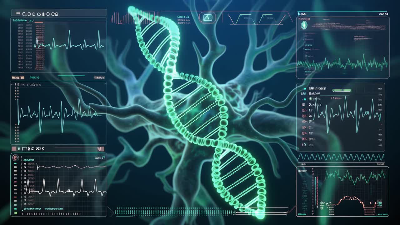 Rotating DNA Double Helix with Neuron Background and Digital Interface
