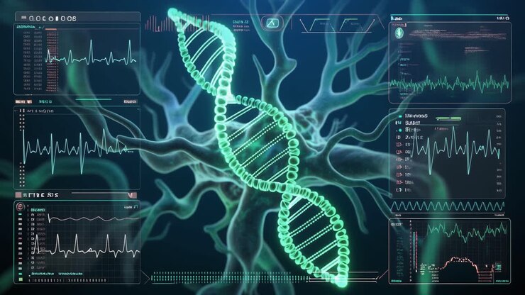 Rotating DNA Double Helix with Neuron Background and Digital Interface