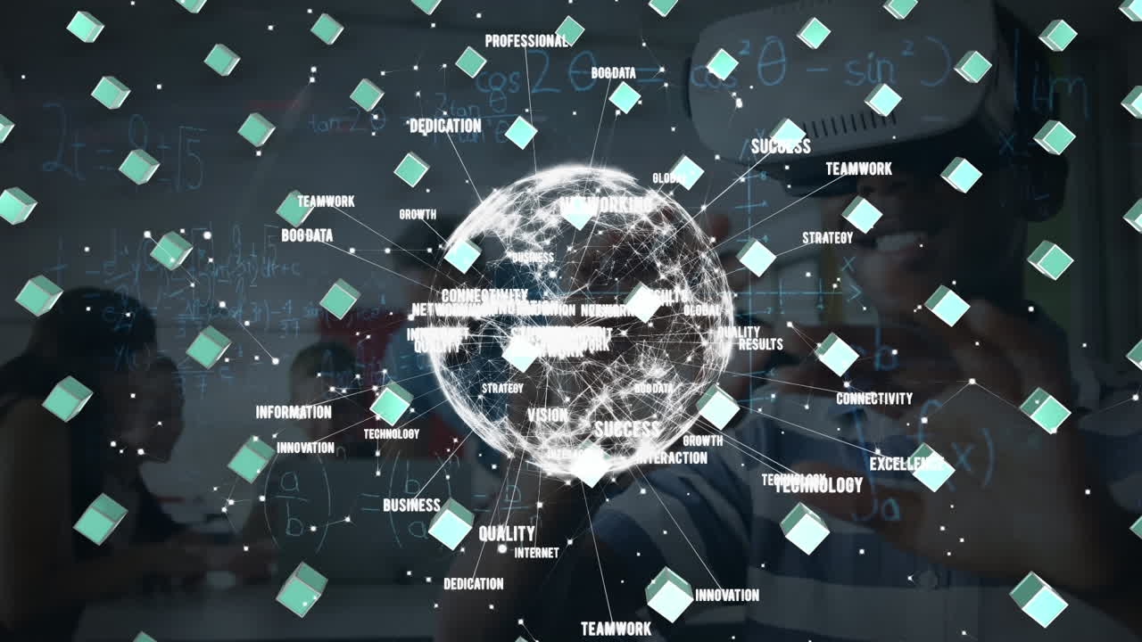 연결 및 데이터 처리에 대한 지구상의 애니메이션 다양한 비즈니스 사람들 사무실에서