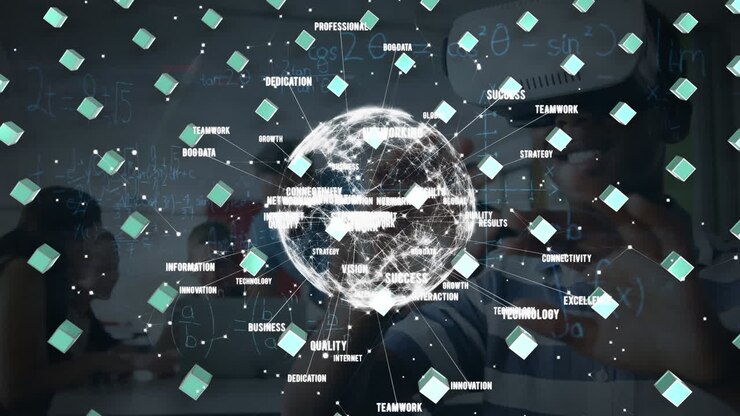 Animation of globe with connections and data processing over diverse business people in office