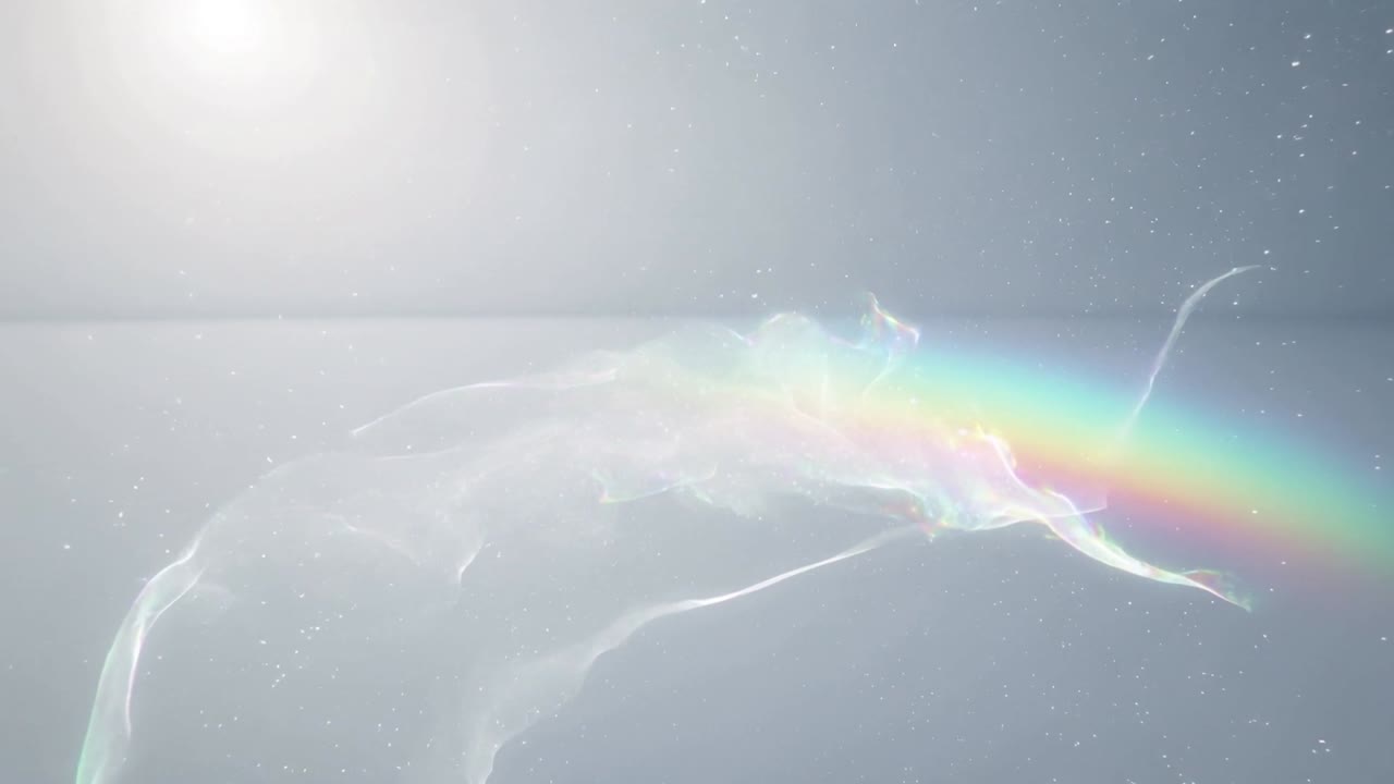 Responding to bright light rising, veil drifting across horizon with rainbow arc and sparkles