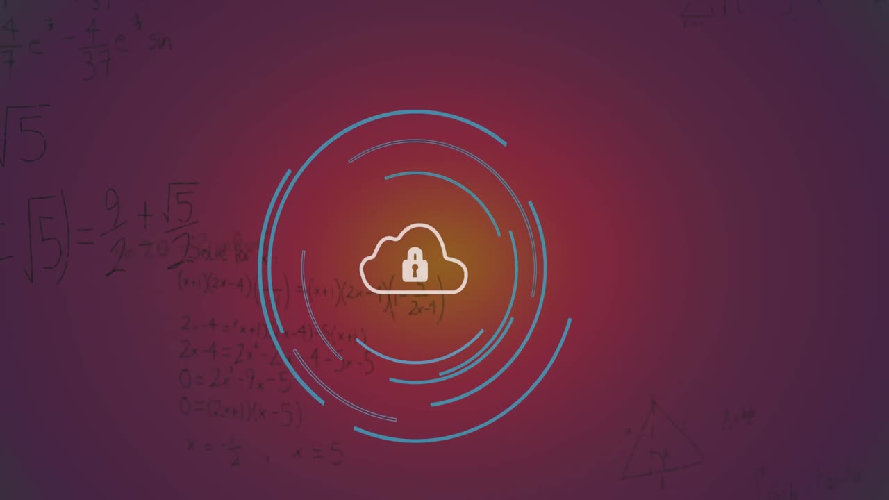 Animation of security padlock icon and mathematical equations against purple gradient background