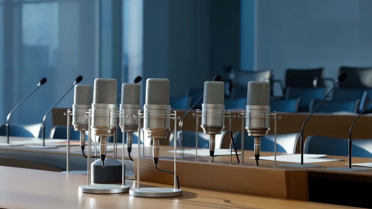 Microphones set up for a conference or press briefing