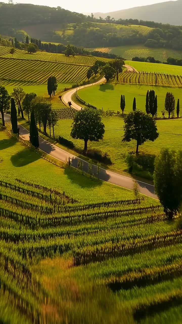 Video verticale: drone che scende tracciando una strada tortuosa tra i vigneti, riprendendo un ciclista con il casco