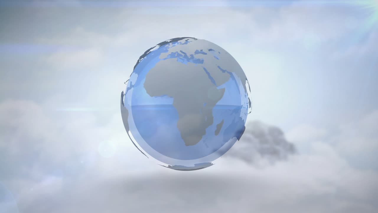 Blue glass globe appearing from sky, scaling down, rotating revealing continents and showcasing map