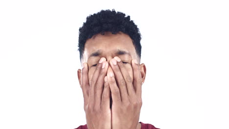 llorando, triste y las manos en la cara del hombre en blanco