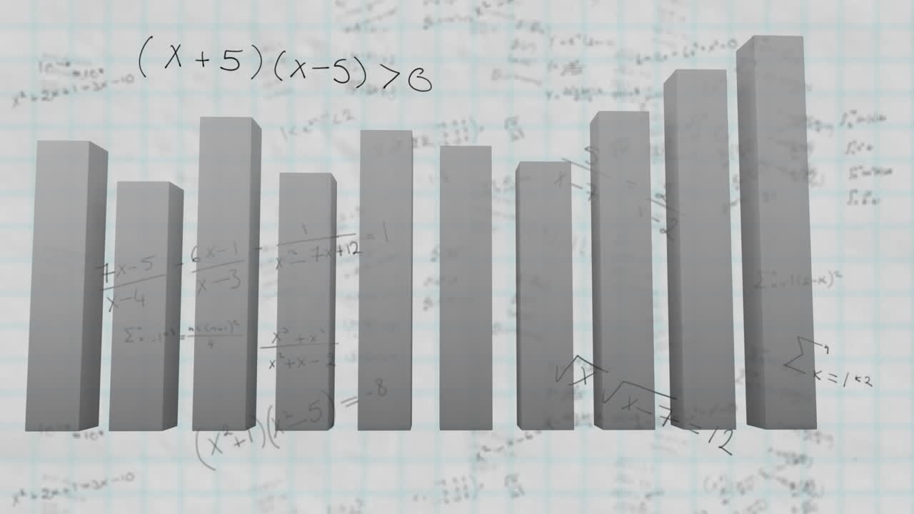 gráficos de barras que se mueven contra ecuaciones matemáticas en papel de línea blanca