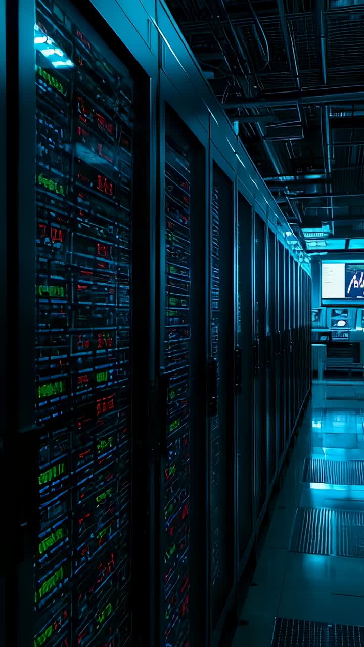 Vertical video: Gliding camera inspecting server racks in data center, showing LED lights