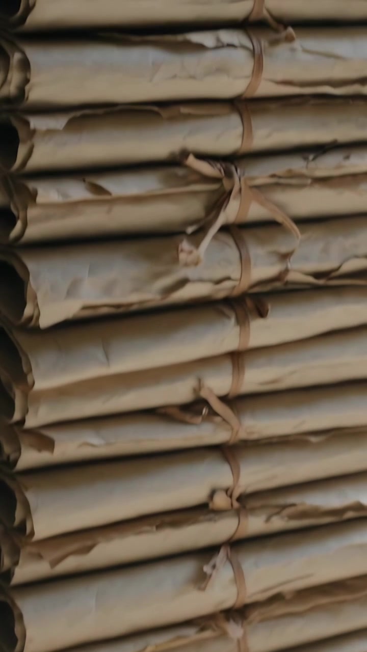 Vertical video: Shifting camera showing stacked kraft rolls on floor, exposing twine knots