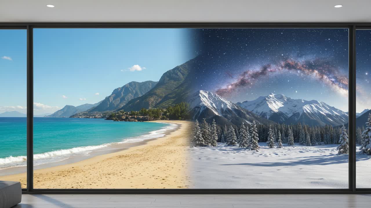 A Stunning Contrast of Seasons: A Beautiful Beach Scene Merged with a Majestic Winter Wonderland Under a Starry Sky, Showcasing Nature's Dual Beauty
