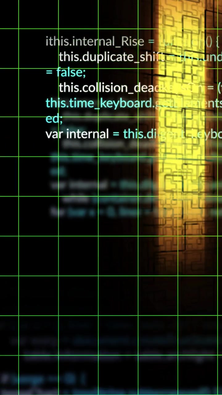 Video verticale: Griglia verde che si sposta su codice che appare gradualmente, scorrendo mentre un pannello dorato scivola per la scansione.