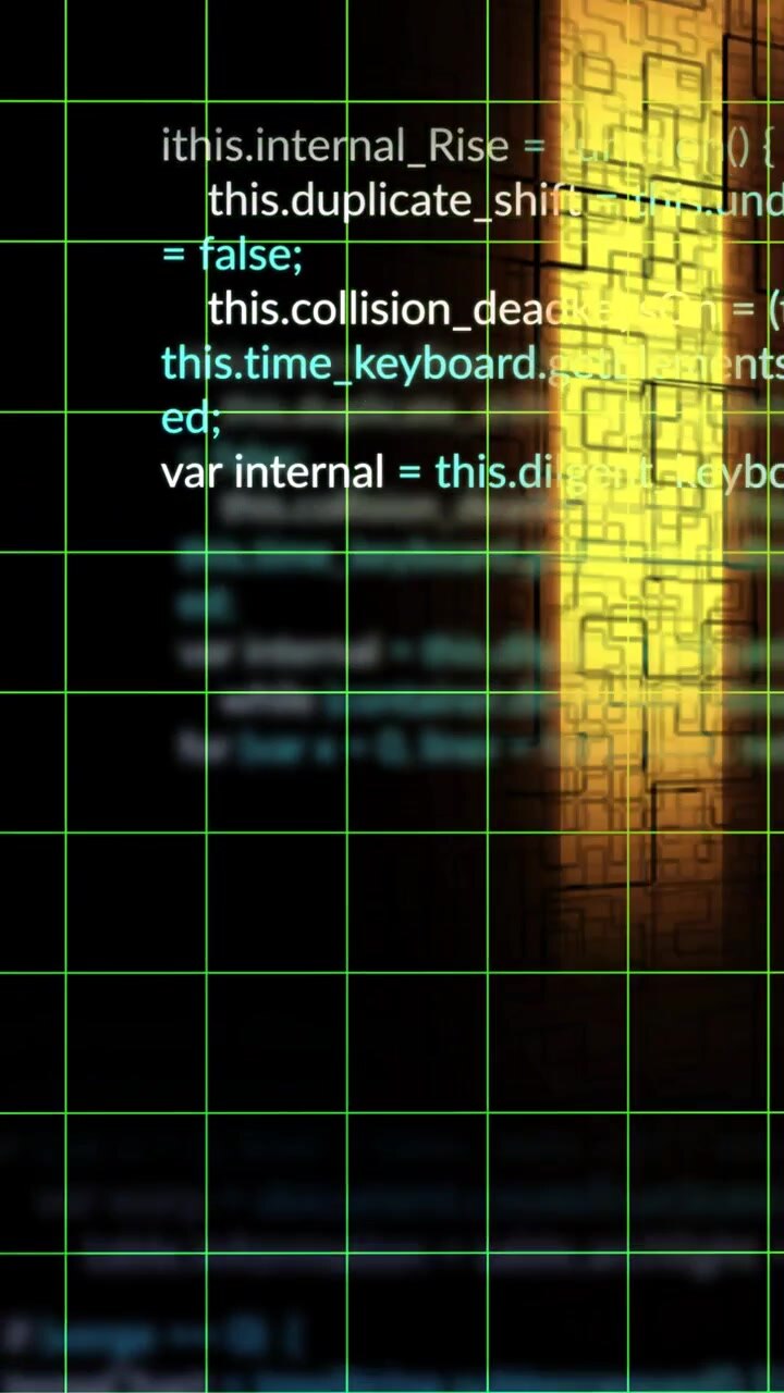 Vertical video: Green grid shifting on code fading in, scrolling as gold panel sliding for scan