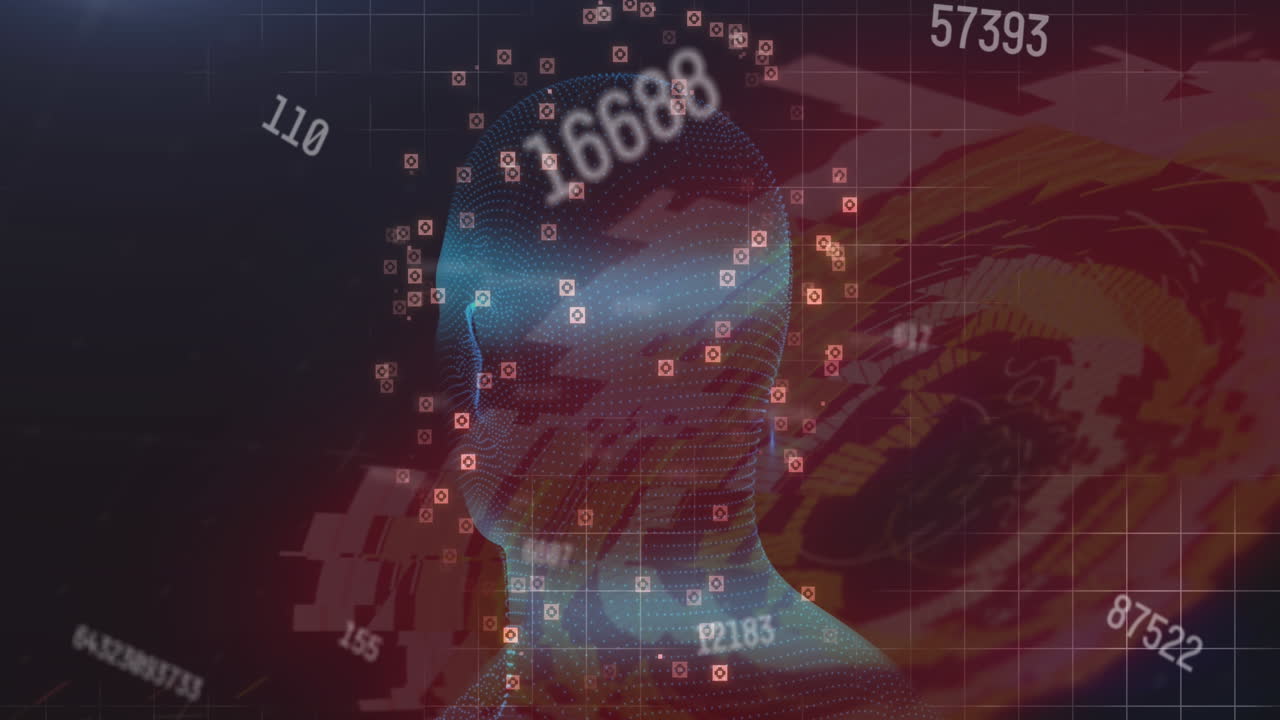 스 ⁇  스캐닝의 애니메이션, 인간의 머리 위에서 변화하는 숫자가 배경에서 그리드에서 회전합니다.