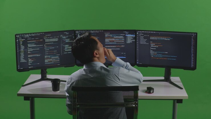 Programmierer, der auf mehreren Monitoren arbeitet