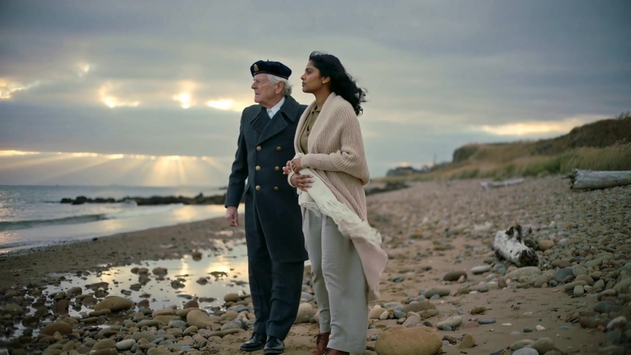Walking senior man in navy coat offering scarf to woman, pausing at rocky shoreline sharing warmth