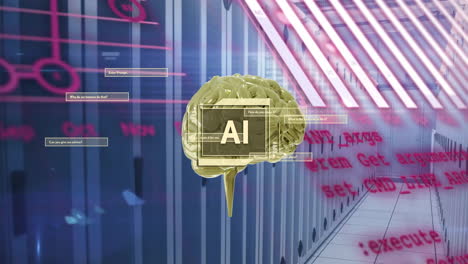 animación de un texto, cerebro y procesamiento de datos a través de servidores informáticos