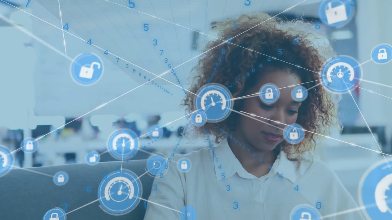 Animation of network of connections with icons over african american woman using smartphone