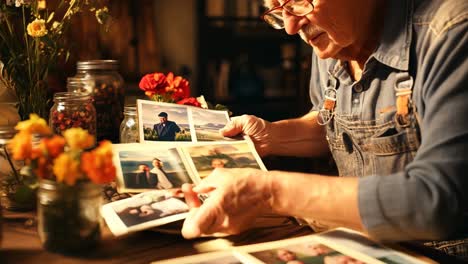 elderly man organizing old photographs at a rustic table with flowers
