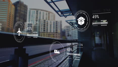 animación de iconos con procesamiento de datos sobre el paisaje urbano