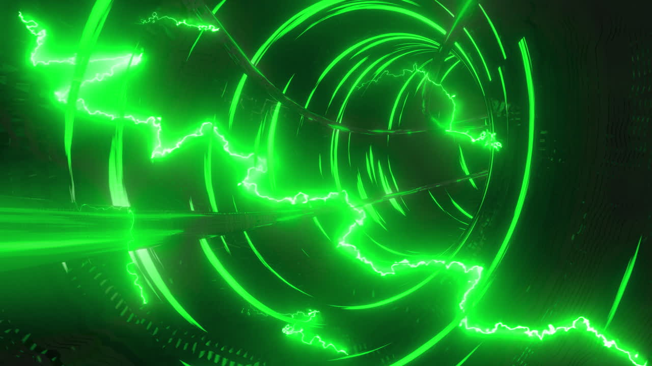 Animation of digital tunnel over lightnings on black background