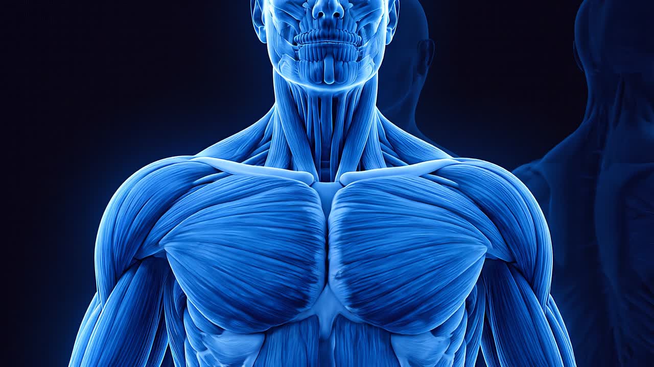 Sistema muscolare umano a corpo intero, vista frontale, con visualizzazione anatomica a strati che mostra chiaramente la struttura e la simmetria dei muscoli