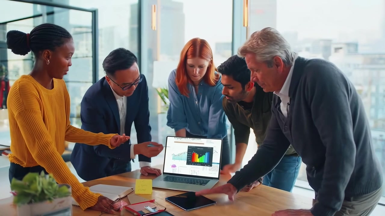 Diverse Business Team Collaborating on Data Analysis in Modern Office