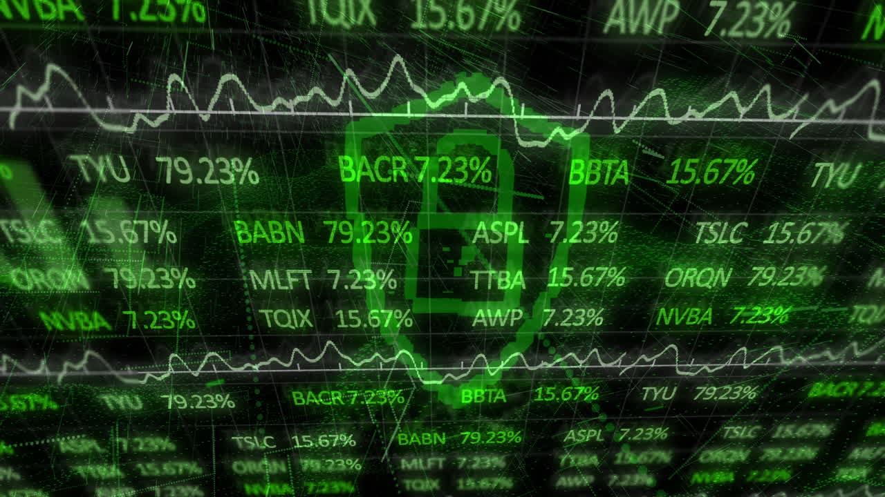 Börsendaten und Finanzwachstums-Animation über schwankenden Diagrammen und Zahlen