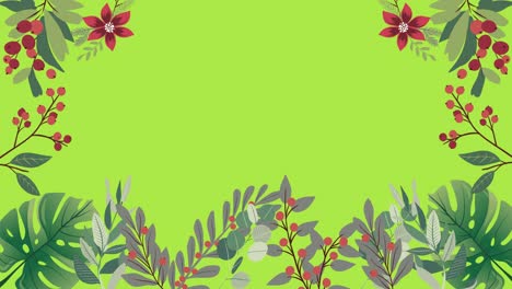 animación de follaje, bayas y flores enmarcando el espacio de copia en un fondo verde claro