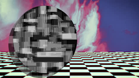 circle of grey pixelated blocks over colourful blur with moving checkerboard squares below