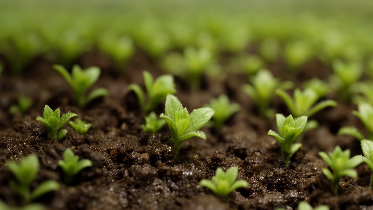 Seedlings Sprouting From Dark Soil Closeup Macro View Rows Of Tiny Green Shoots Emerging From Moist Earth