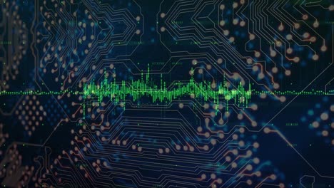 animation of financial data processing over computer circuit board on black background